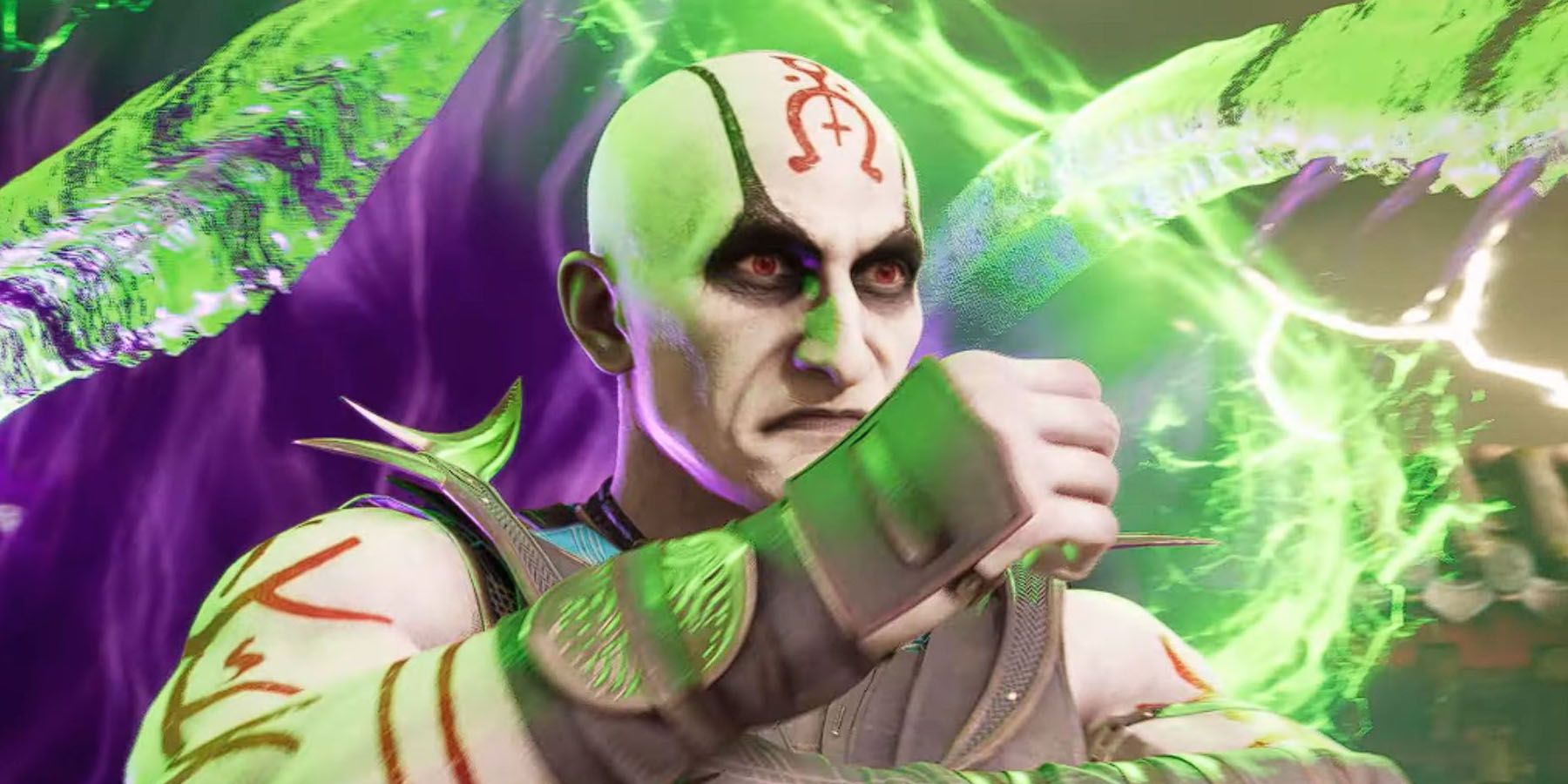 A screenshot of Quan Chi performing his magic before a match in Mortal Kombat 1.