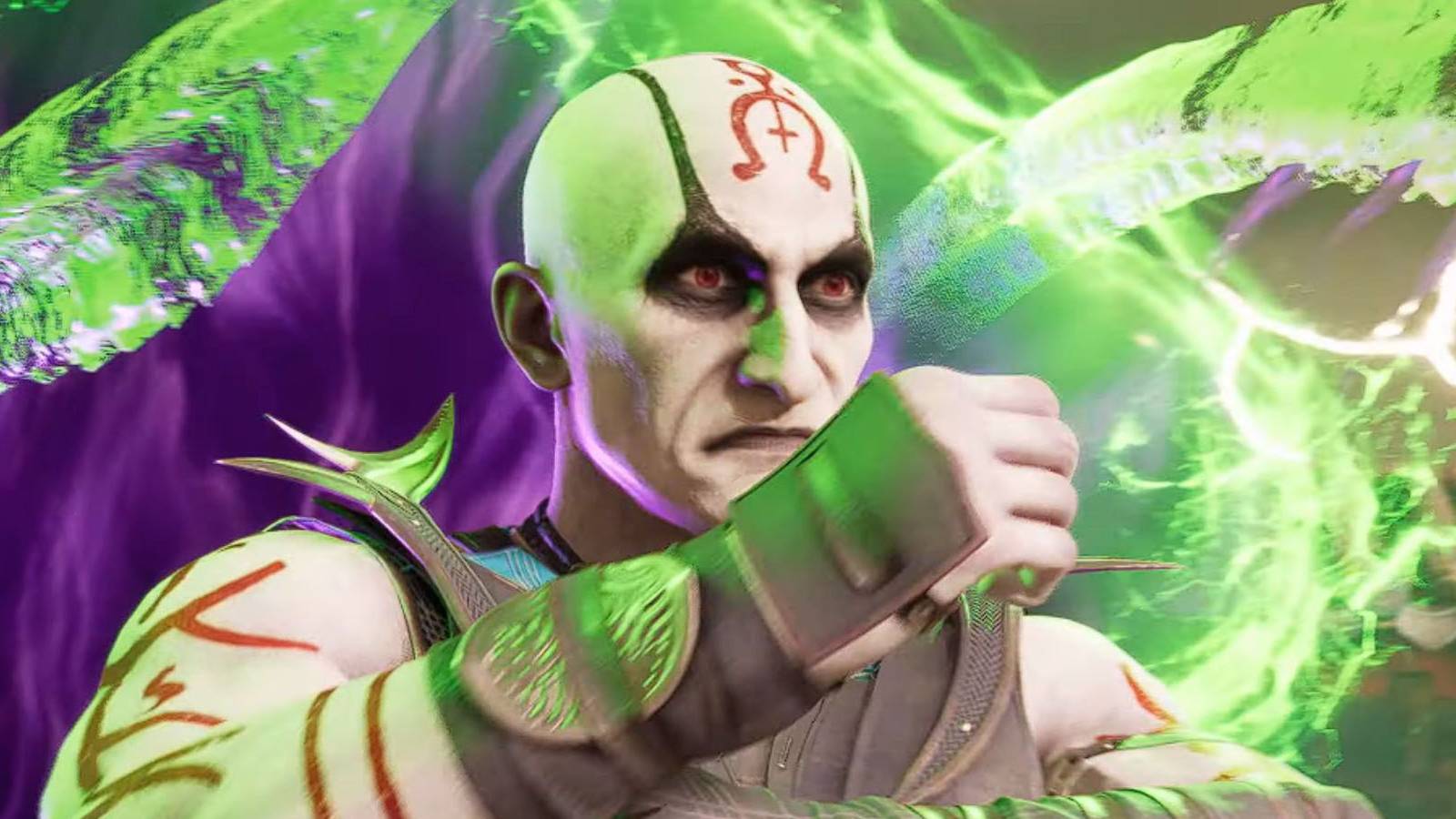 A screenshot of Quan Chi performing his magic before a match in Mortal Kombat 1.