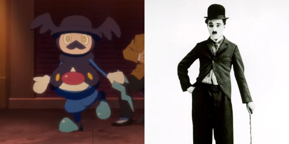 O Pokémon Mr. Rime ao lado de Charlie Chaplin como The Tramp.