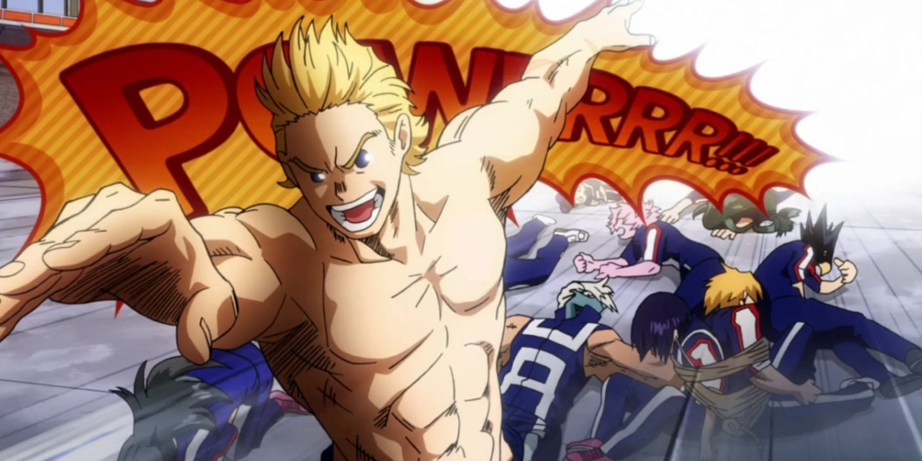 Mirio taking down members of Class 1-A with his Permeation Quirk in My Hero Academia