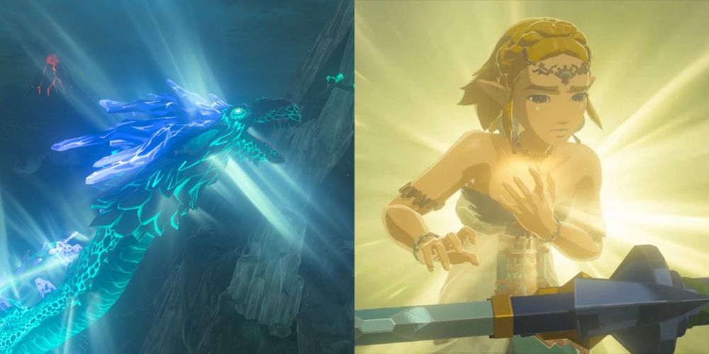 Naydra the dragon in BOTW and Zelda going through the process of Draconification in TOTK.