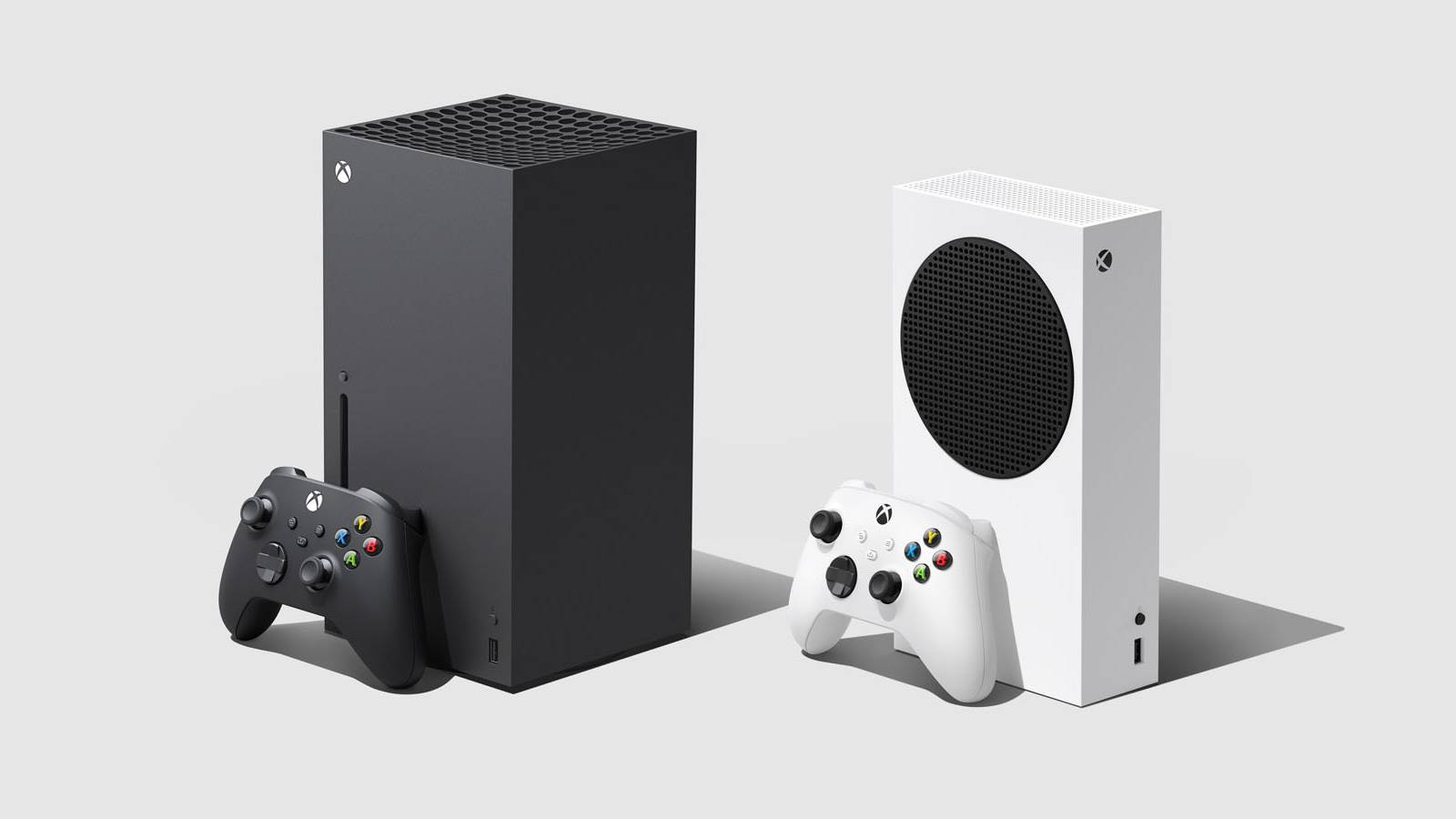 A promotional image of an Xbox Series X and Xbox Series S against a grey background.