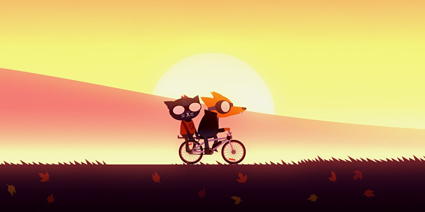 Gregg and Mae from Night In The Woods riding a bike as the sun sets behind them