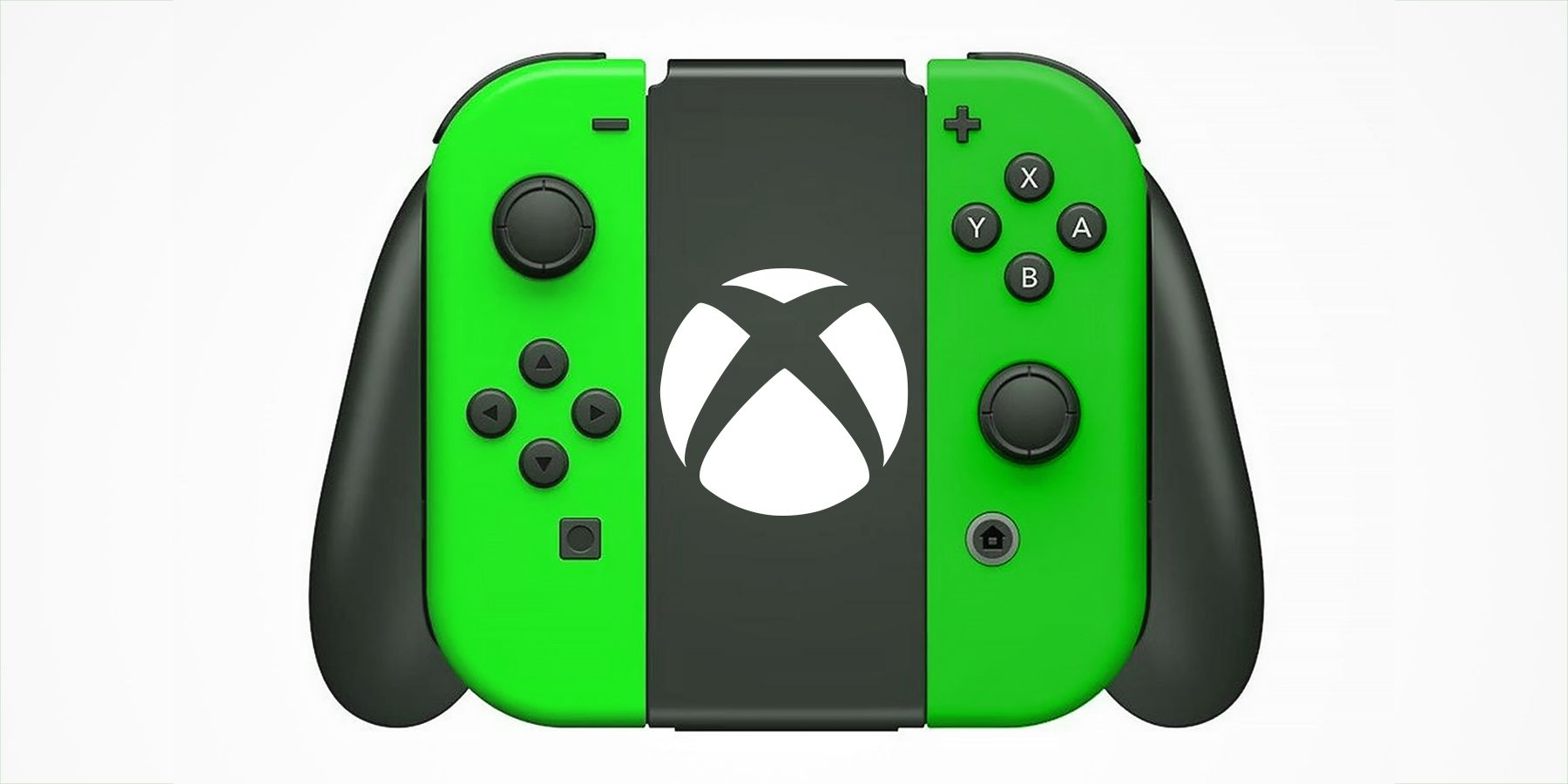 Nintendo Switch neon green Joy Cons on grip with white Xbox logo submark mockup