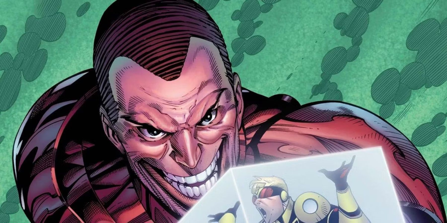 Norman Osborn holding a cube with a hero in it