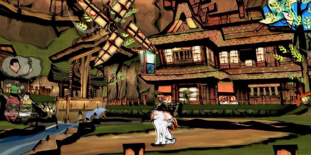 Amaterasu sitting around in Okami for the PlayStation 2