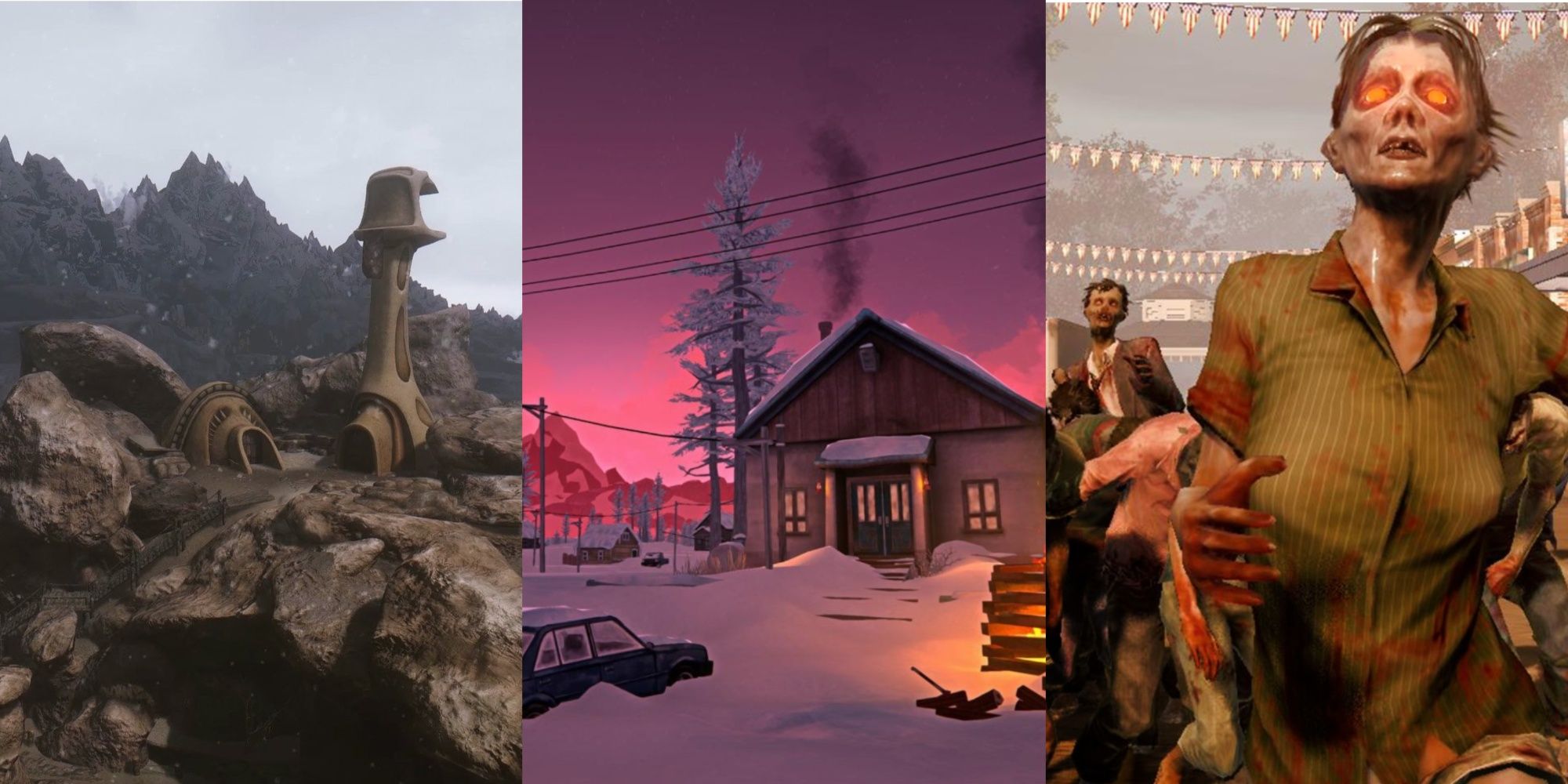 A tri split of the landscape in Morrowind, a house in The Long Dark and a zombie from state of decay
