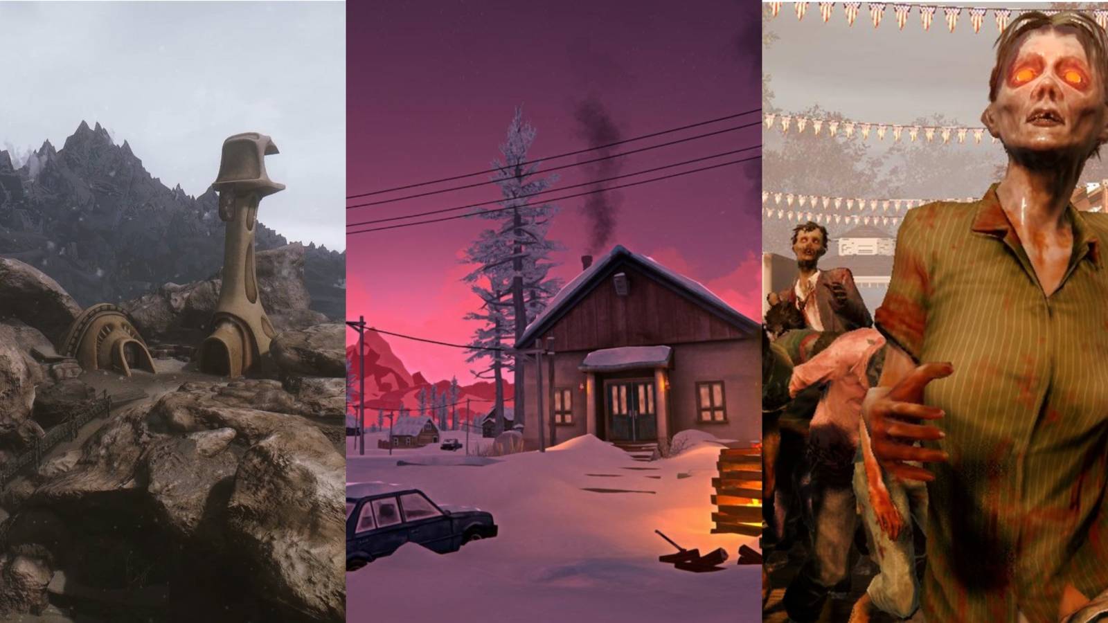 A tri split of the landscape in Morrowind, a house in The Long Dark and a zombie from state of decay