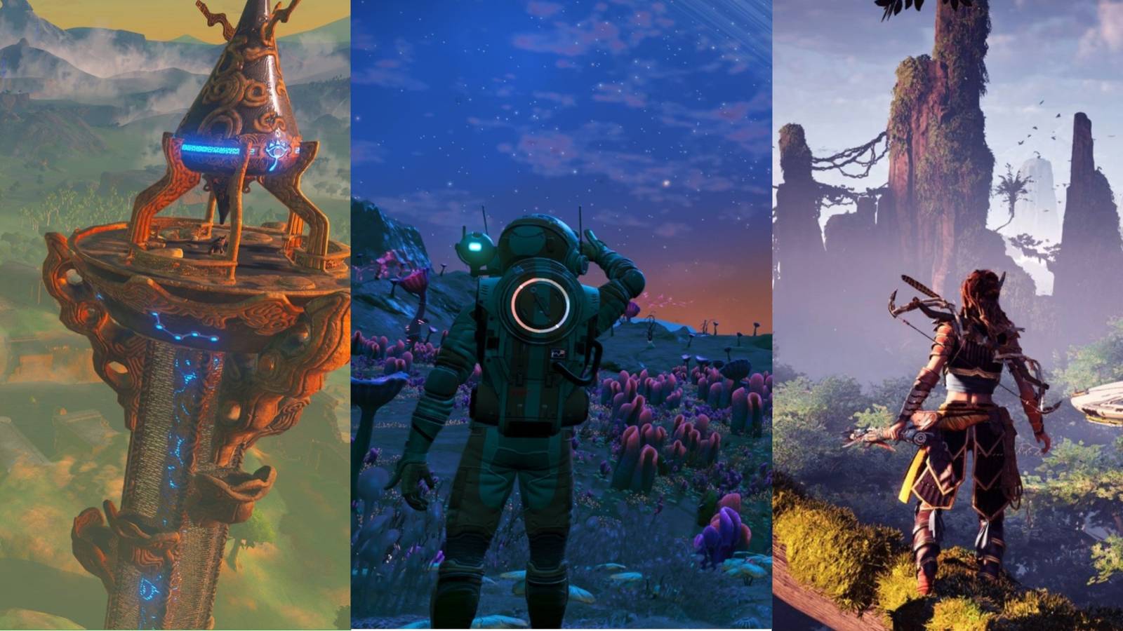 A trisplit of the Great Plateau from Breath Of The Wild, an astronaut from No Man's Sky and Alyx from Horizon Zero Dawn