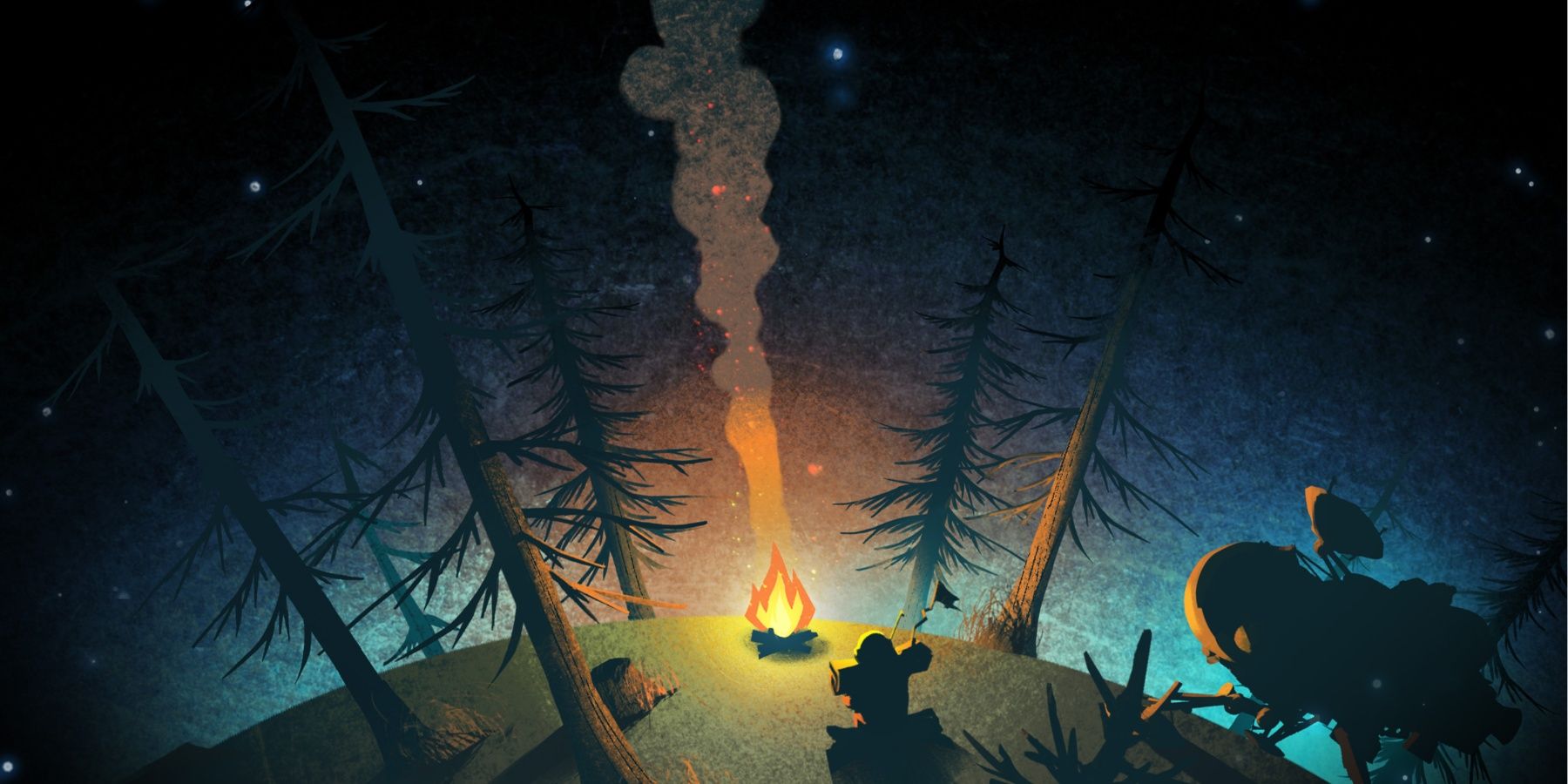 Ao fundo está um alienígena tocando um instrumento musical em frente a uma fogueira em forma de navio.  Algumas árvores os cercam.