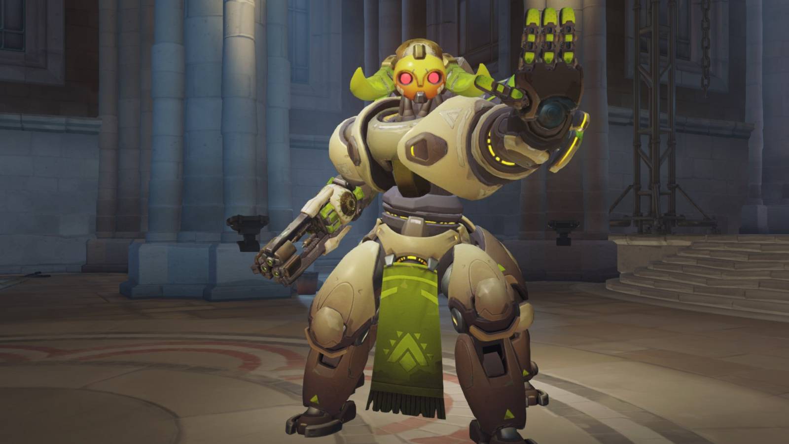 orisa from overwatch with red eyes holding her hand up to stop someone