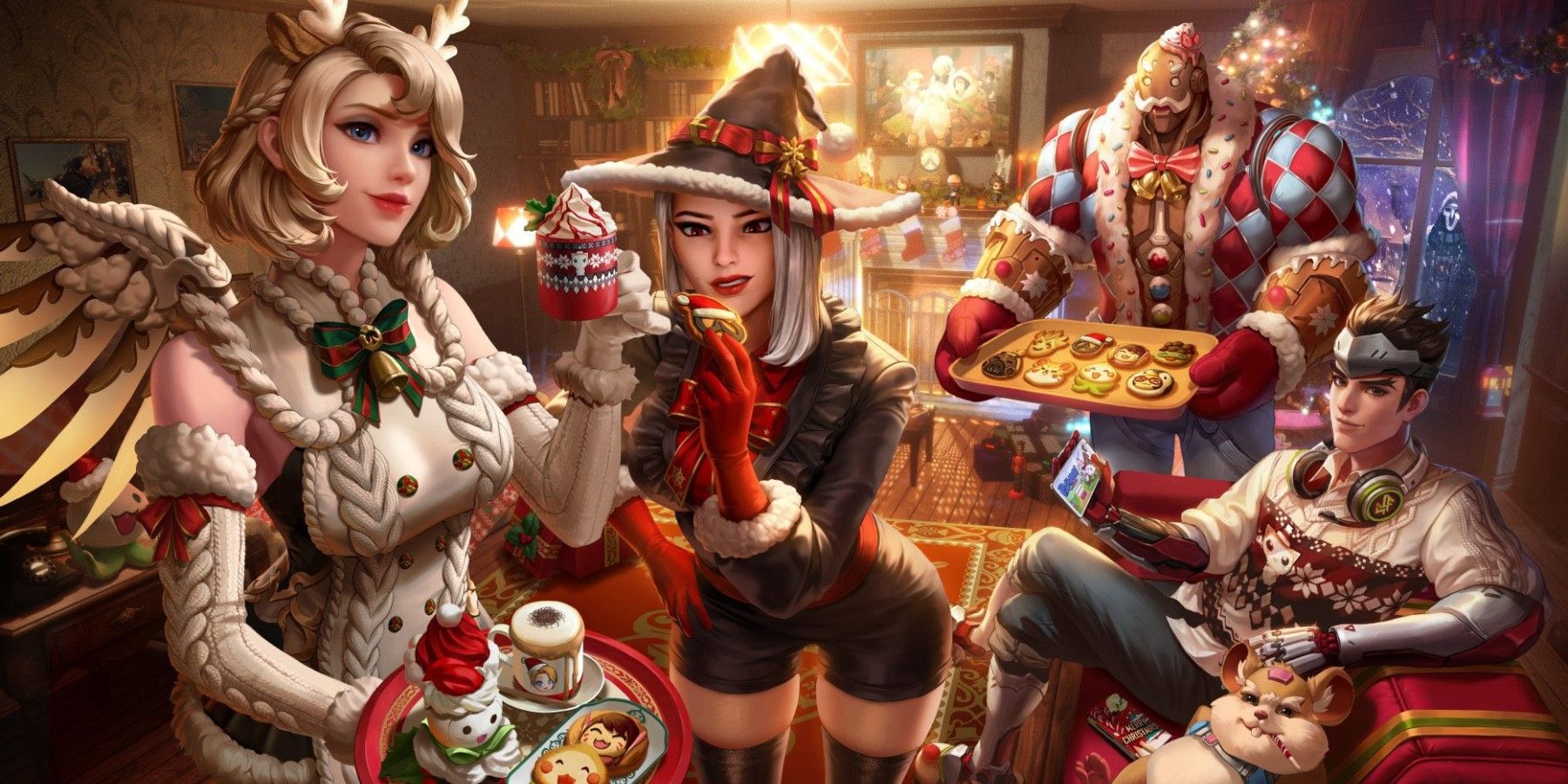 mercy, ashe, genji, hammond, and bob enjoying cookies and hot chocolate during overwatch christmas
