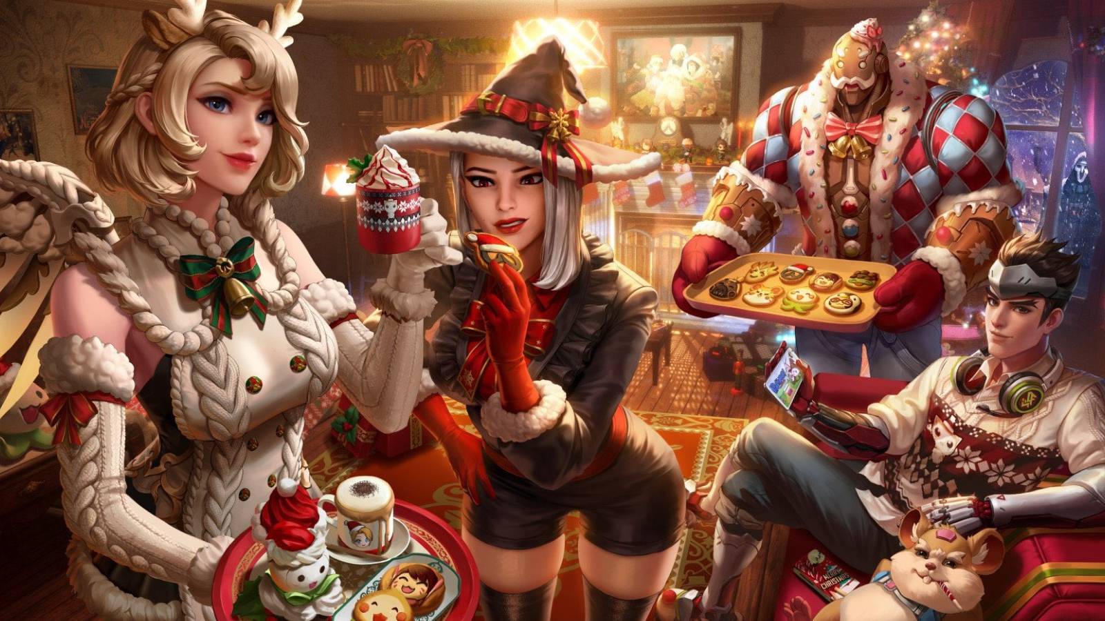 mercy, ashe, genji, hammond, and bob enjoying cookies and hot chocolate during overwatch christmas