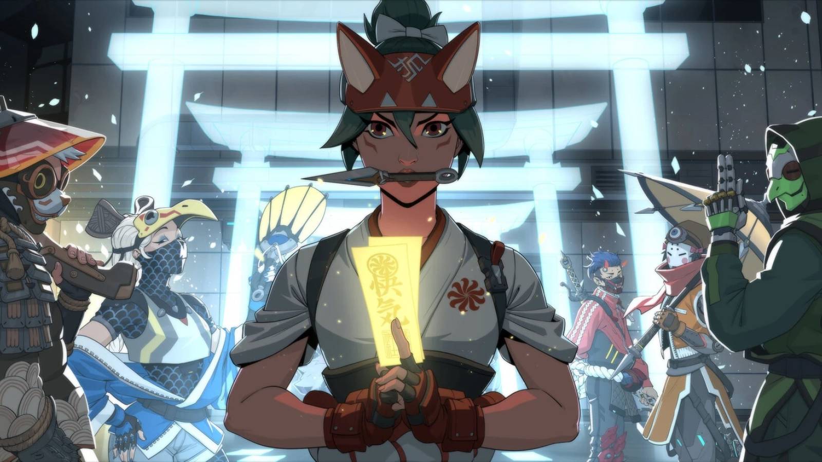 kiriko and the yokai gang in front of her mystic torii gates she uses in her ultimate