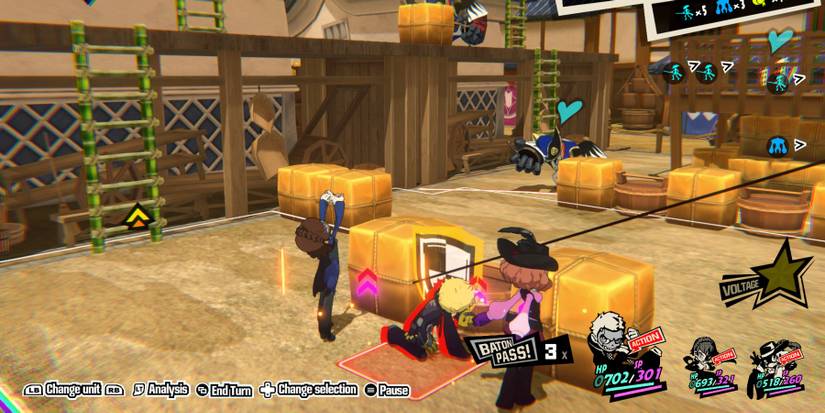 Makoto, Ryuji, and Haru scoping out enemy formations