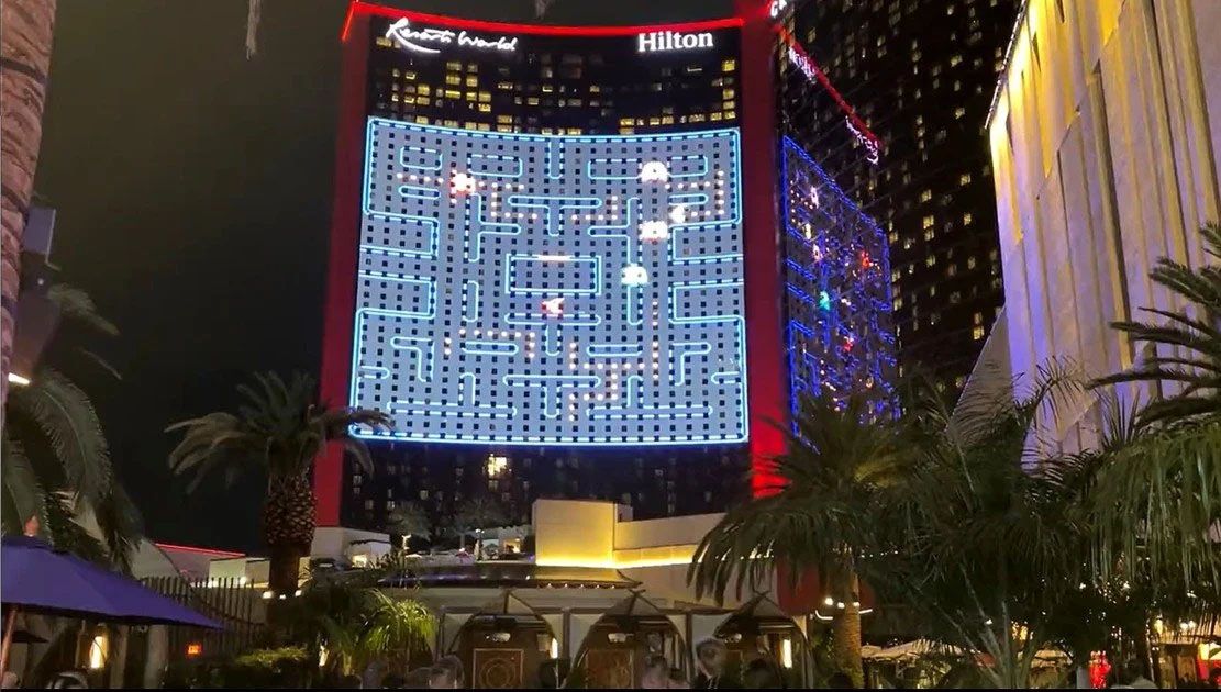 A photo of a Pac-Man game being played on the Resorts World display.