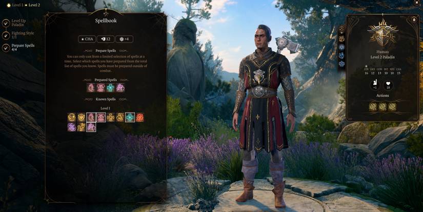 Paladin level up screen showing available spells in Baldur's Gate 3