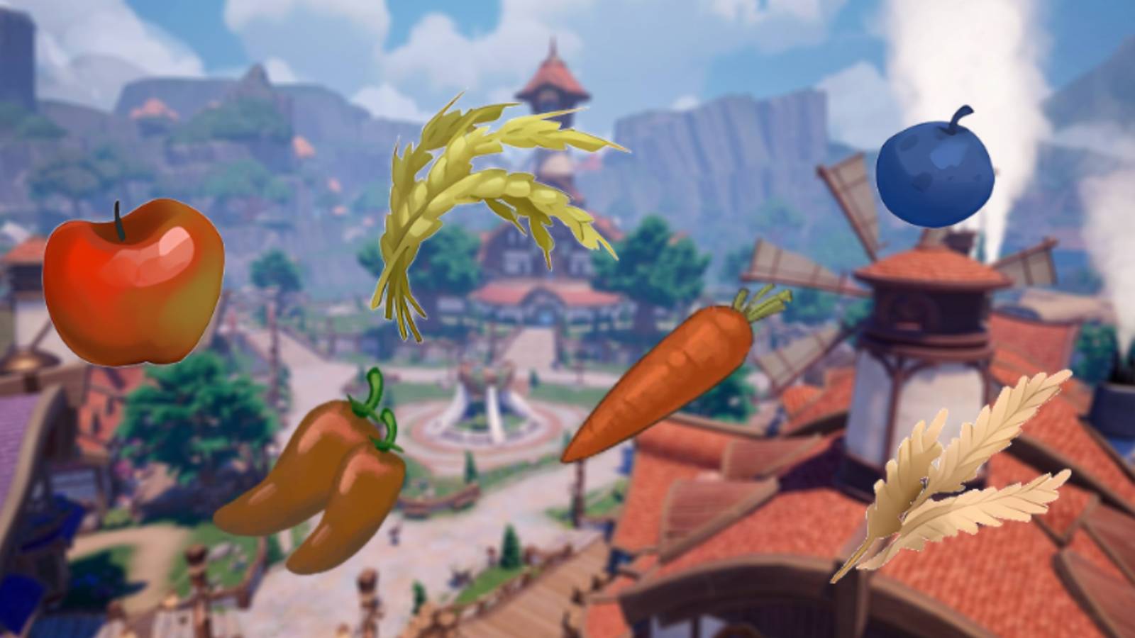 Palia apple, spicy pepper, rice, carrot, wheat, and blueberry center focus with blurry town background