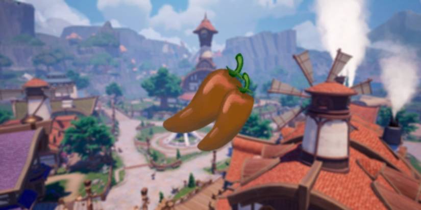 Palia spicy peppers with blurry town in background