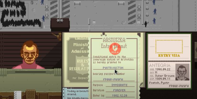 Papers, Please - Reviewing the entry permit and documents of a recent arrival at the border.