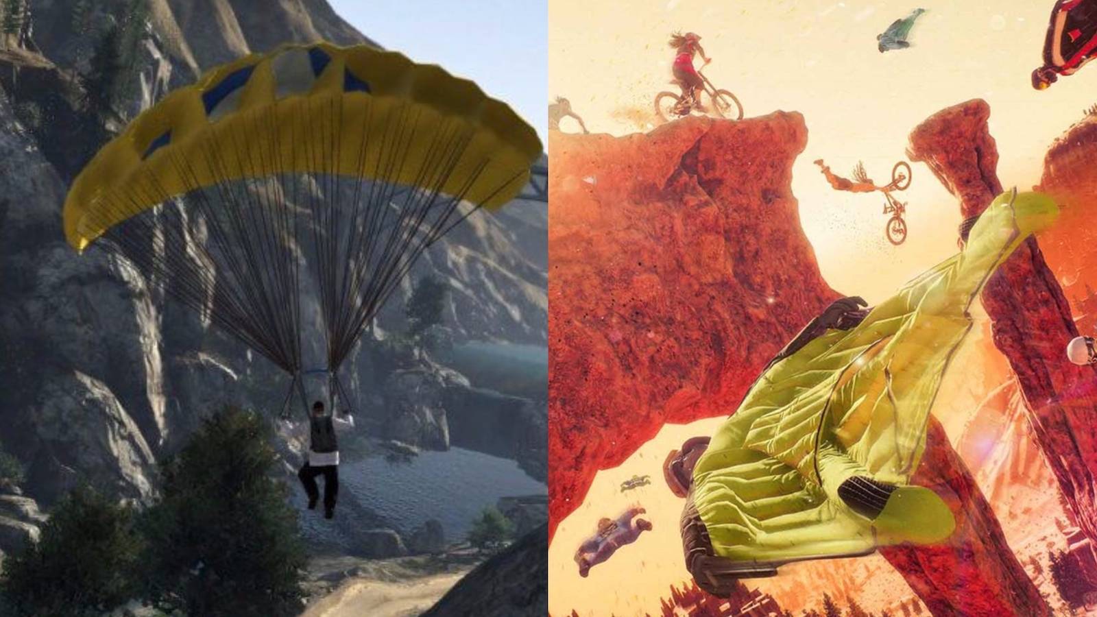 Parachute GTA and rider's republic split image