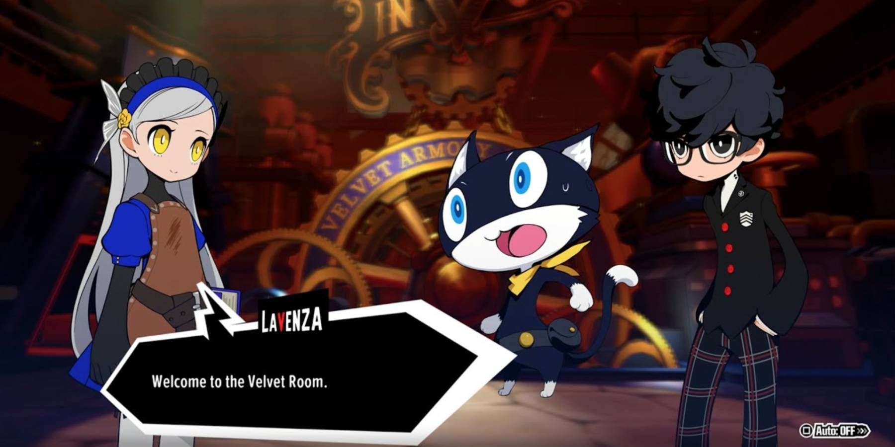 Lavenza, Morgana, and Joker in the Velvet Room from Persona 5 Tactica
