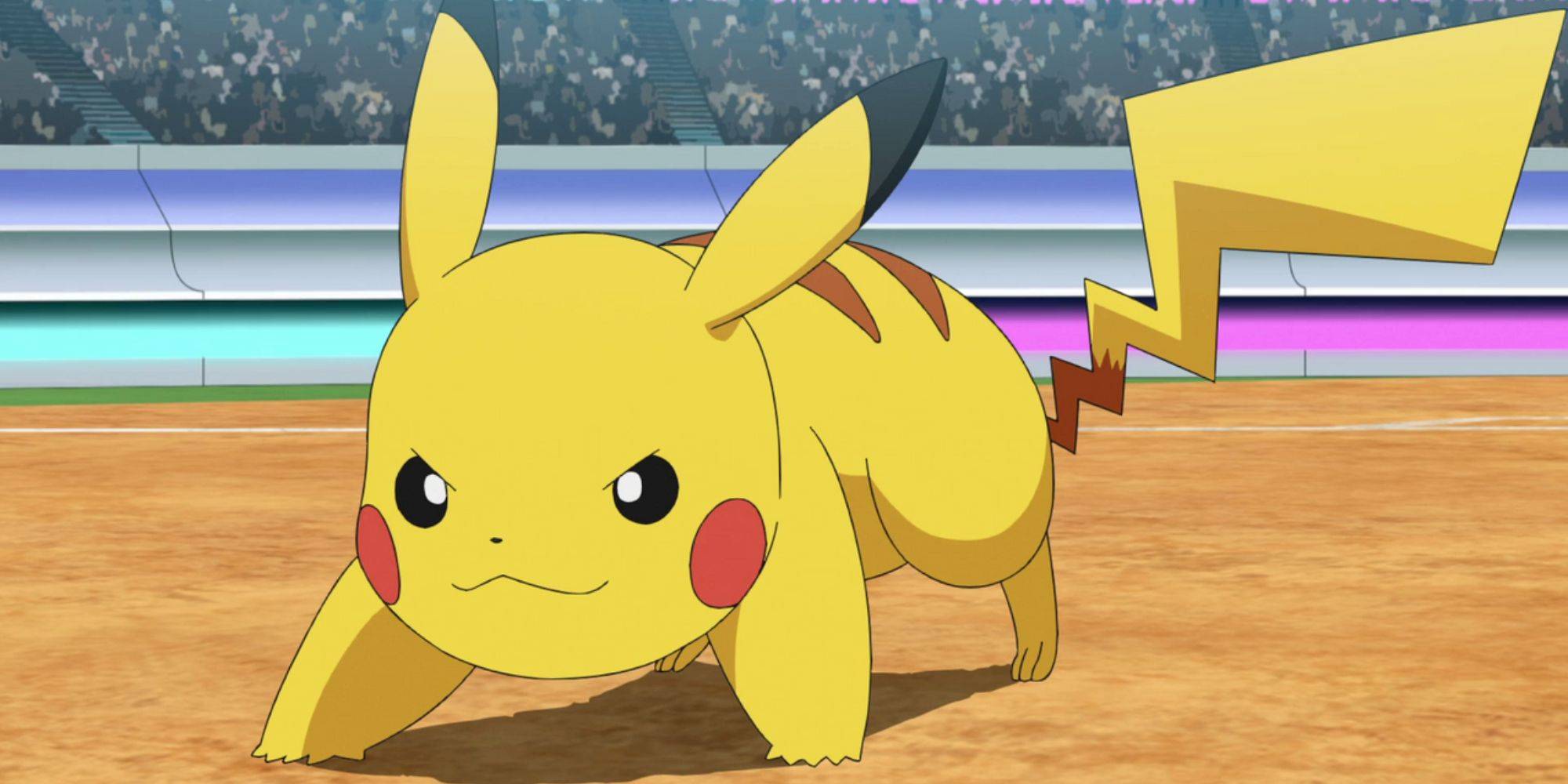 Pikachu ready to battle in a stadium