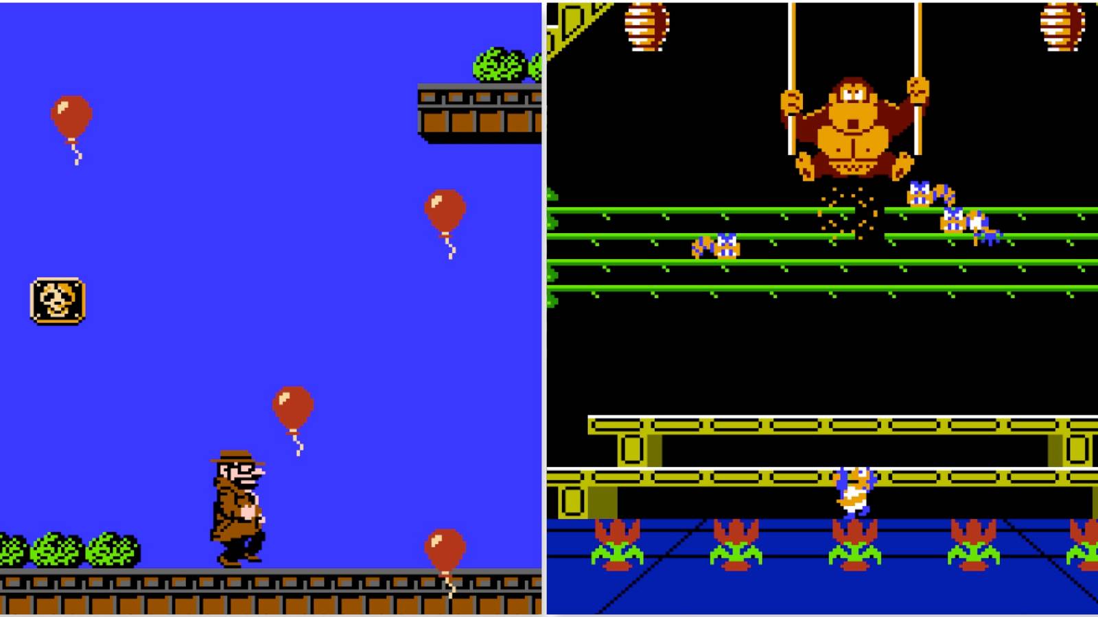 Playing a level in Gumshoe and Fighting Donkey Kong in Donkey Kong 3