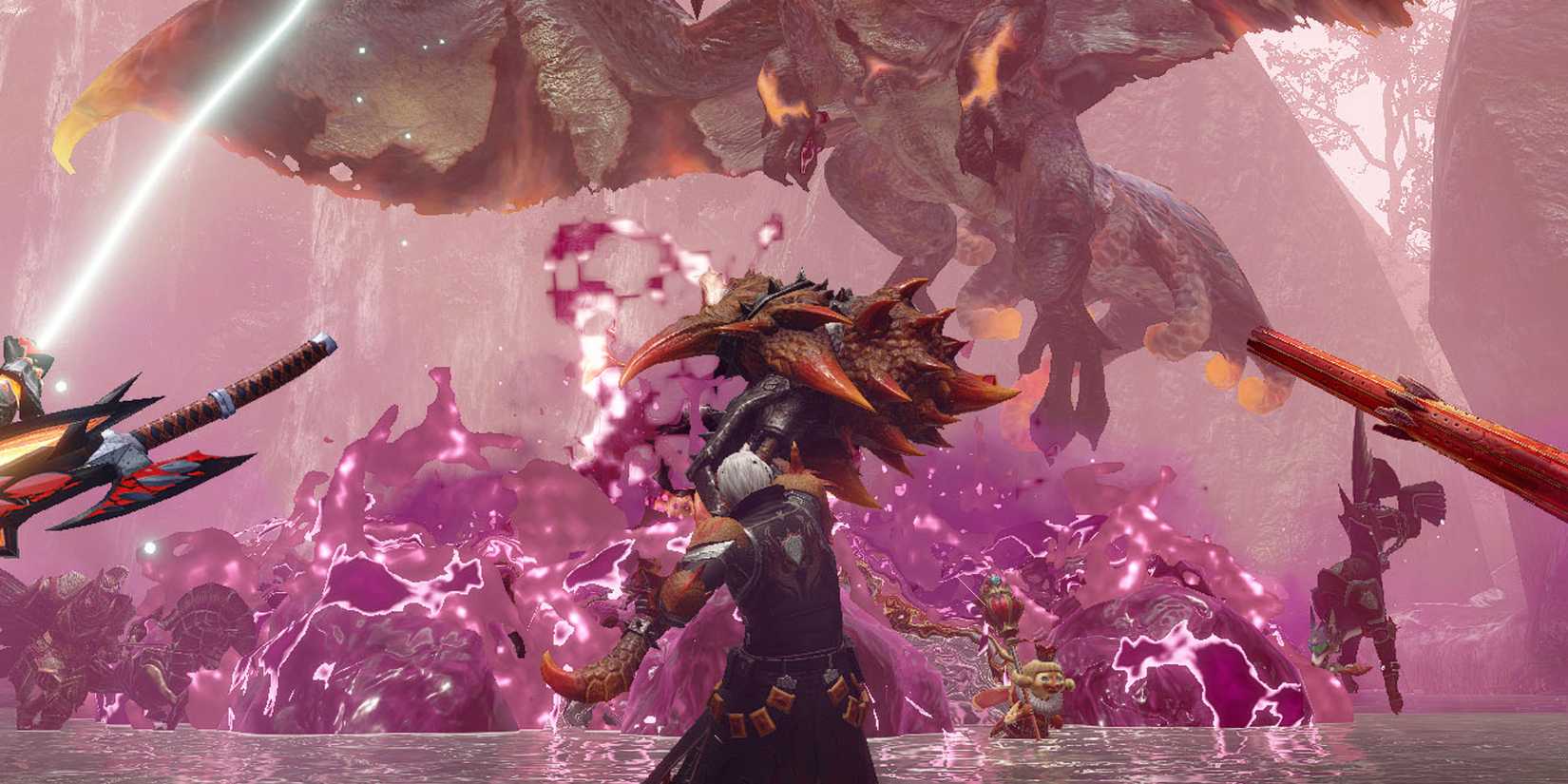 A Pukei-Pukei creating a poison cloud over hunters in Monster Hunter World