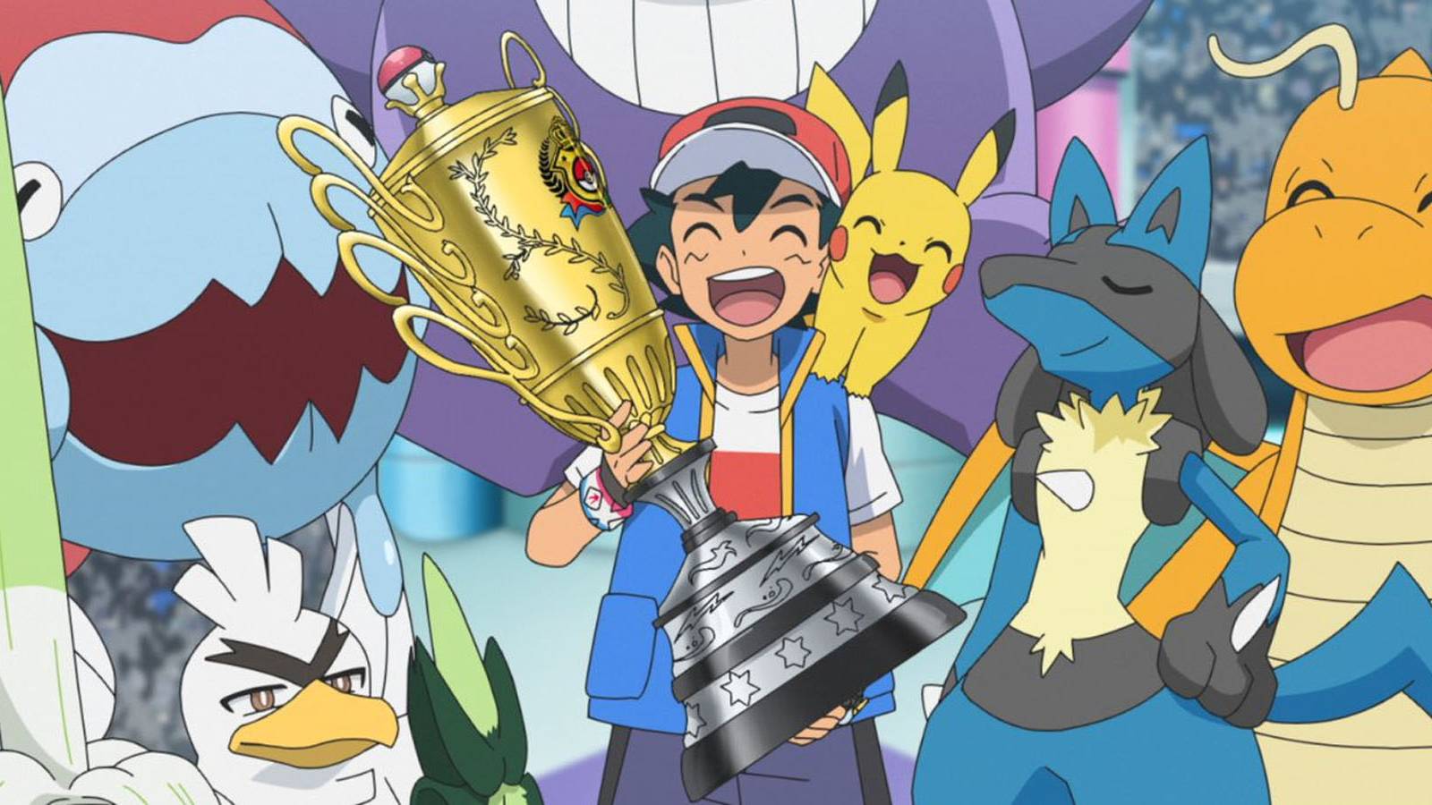 A screenshot of Ash and his party celebrating in the Pokemon anime.