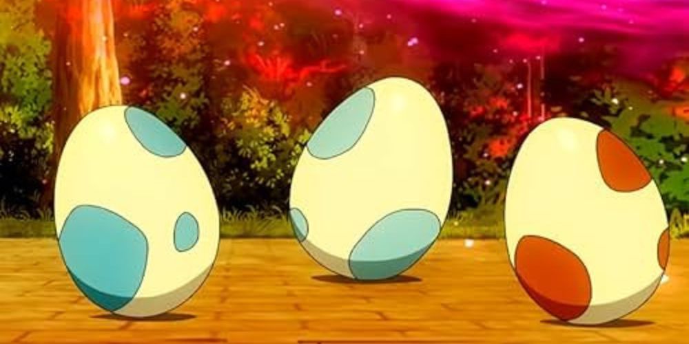 3 different Pokemon Eggs, as seen in the Pokemon anime series.