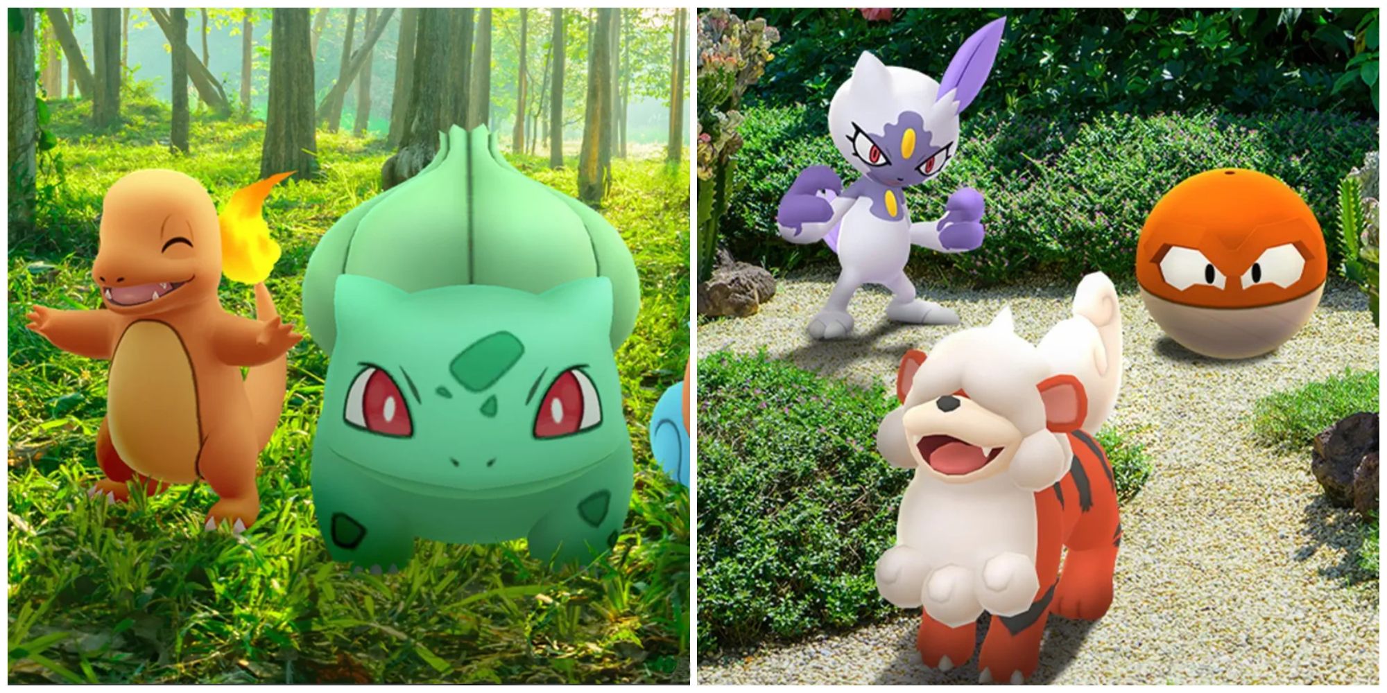 Imagem dividida dos Pokémon Charmander, Bulbasaur, Sneasel, Voltorb e Growlithe do Pokémon GO