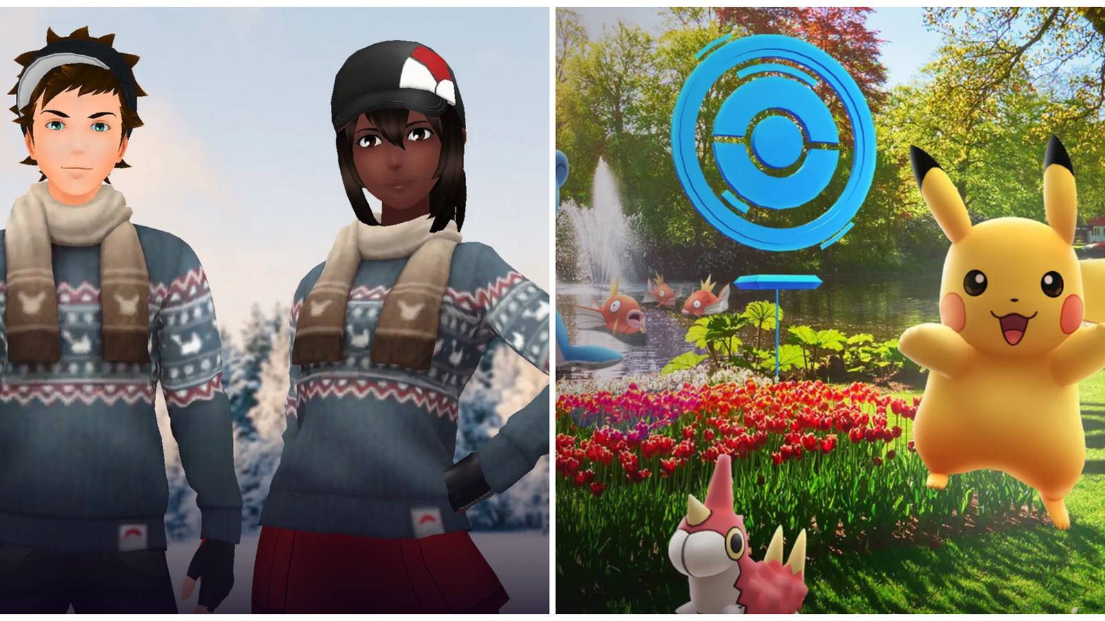 Split image of two characters wearing a Pokemon sweater and scarf and the front page of Pokemon GO Prime Gaming featuring Pikachu and Wurmple