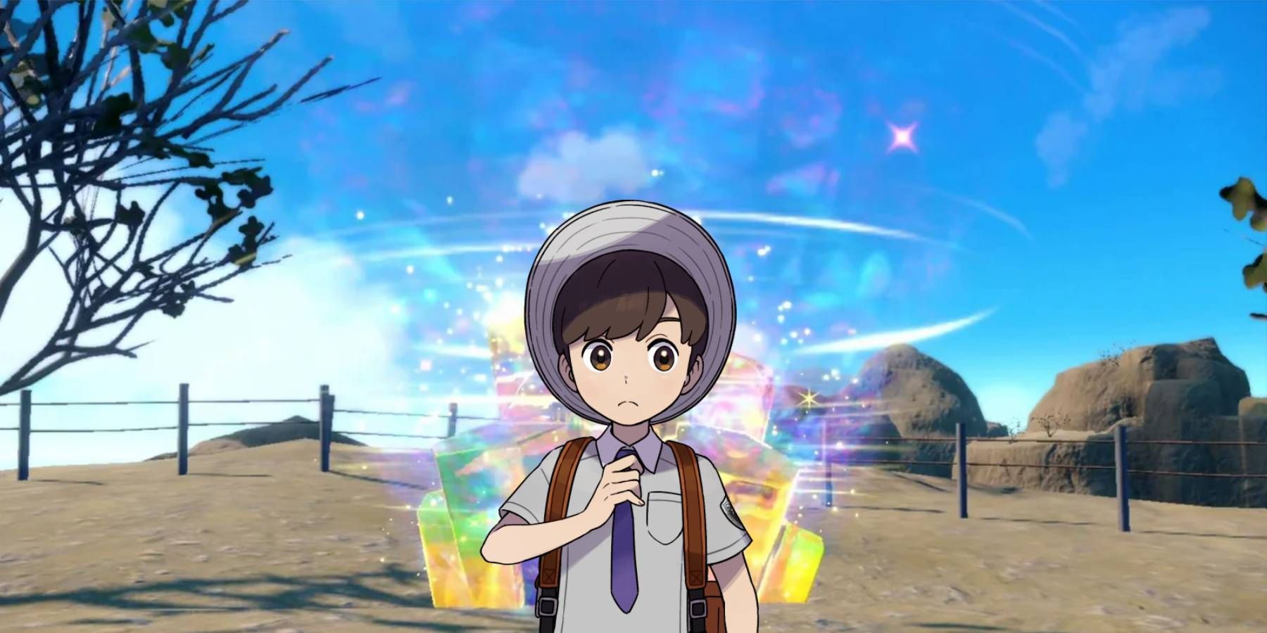 Male protagonist of Pokemon Scarlet & Violet in front of a Tera Raid cave
