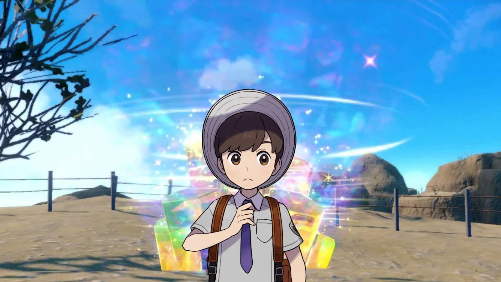 Male protagonist of Pokemon Scarlet & Violet in front of a Tera Raid cave