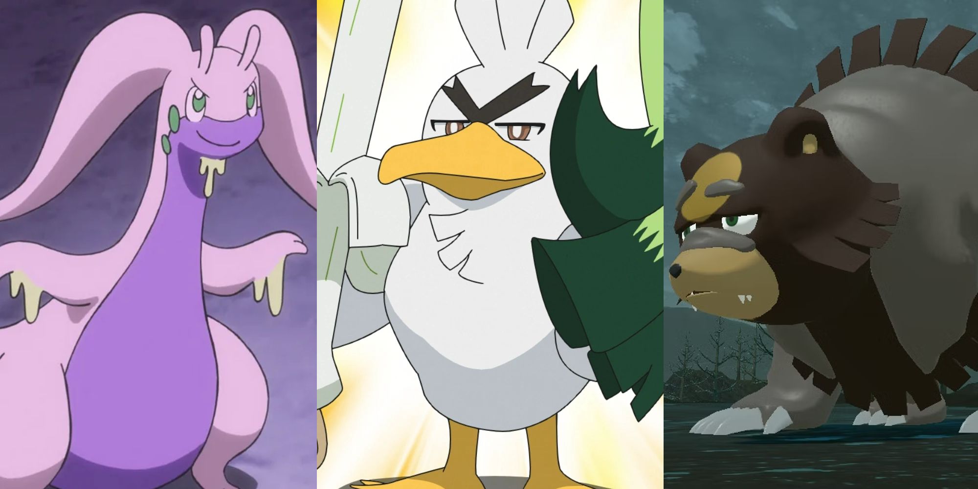 Goodra in the anime; Sirfetch'd in the anime; Ursaluna at night