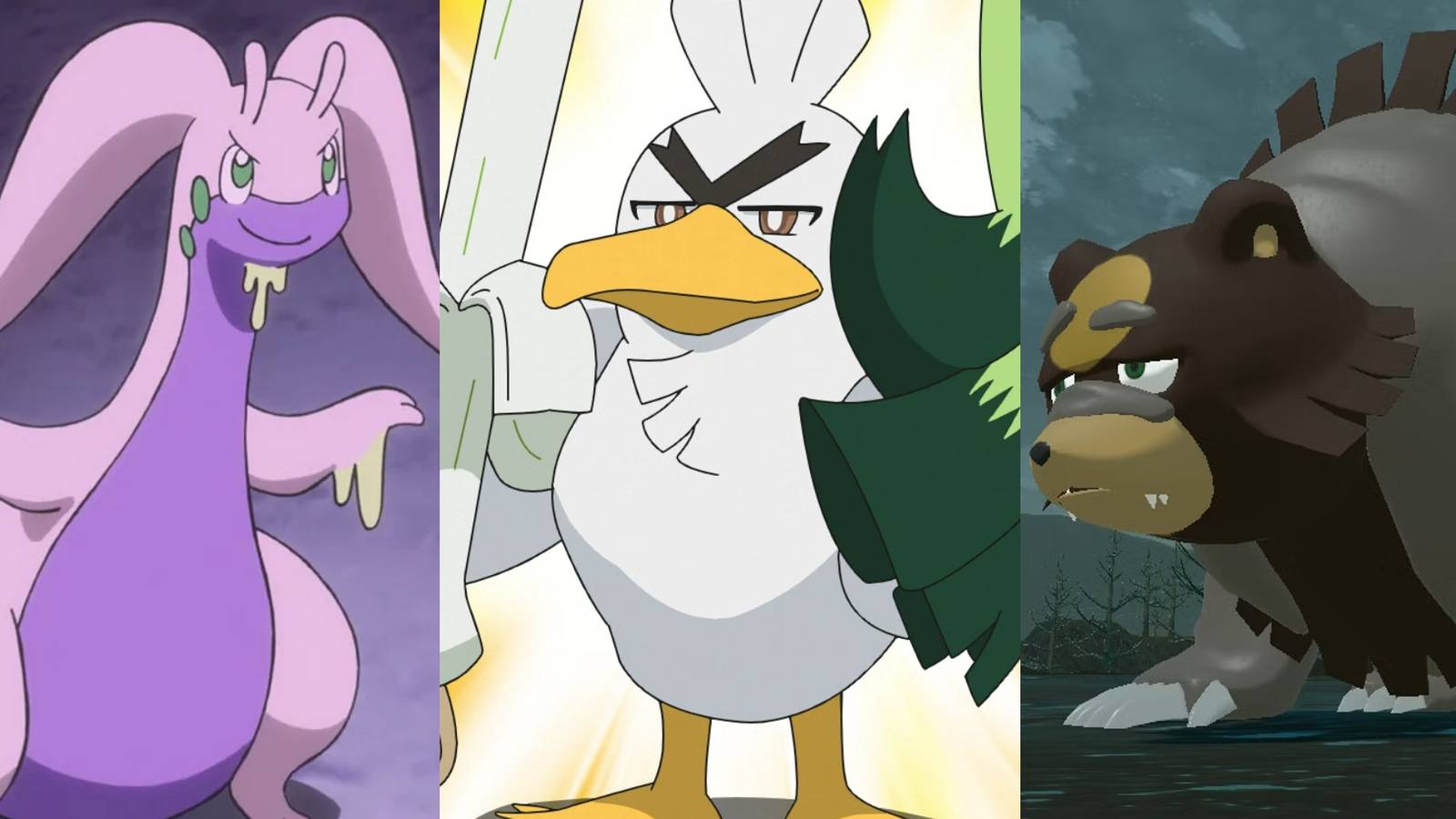 Goodra in the anime; Sirfetch'd in the anime; Ursaluna at night