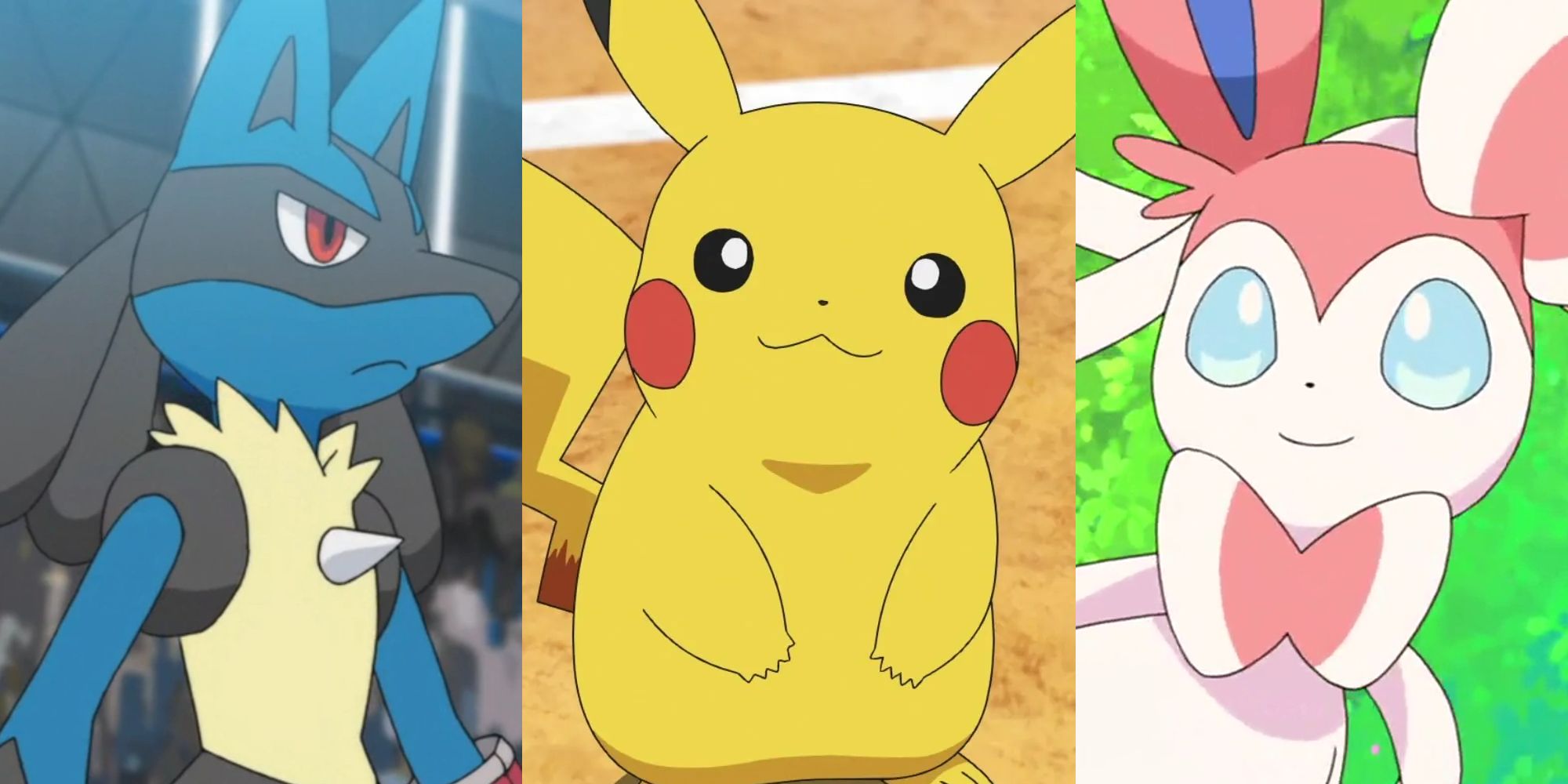 Lucario in a stadium; Pikachu smiling; Sylveon in a field