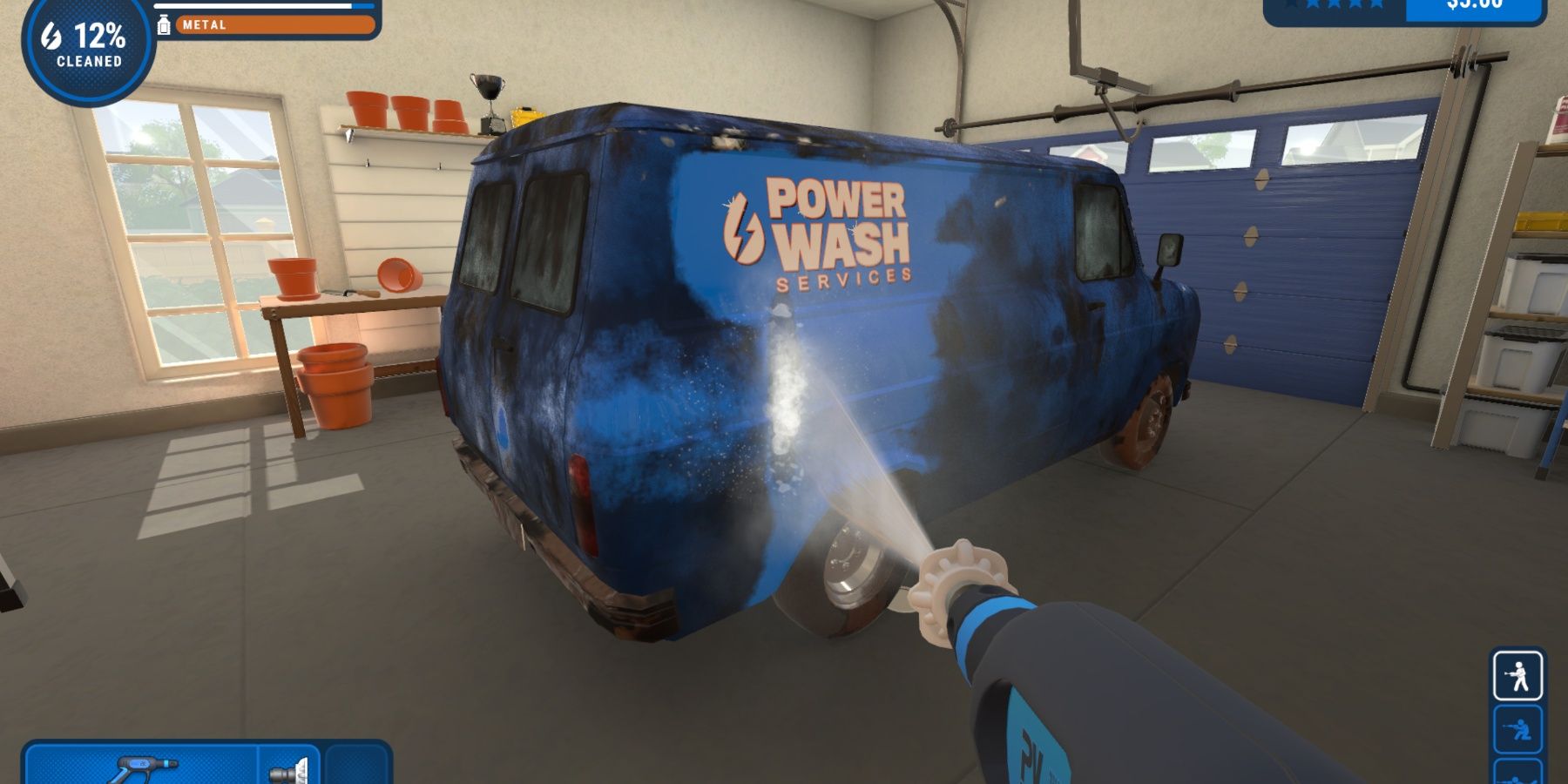 A PowerWasher washing a blue truck
