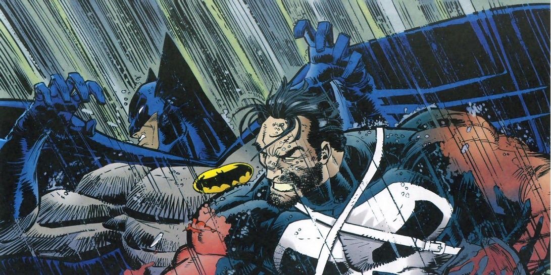 Uma imagem de Batman e o Justiceiro lutando