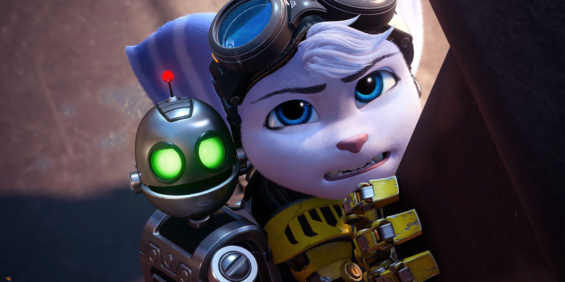 A screenshot of Rivet and Clank looking with concern in Ratchet and Clank: Rift Apart.