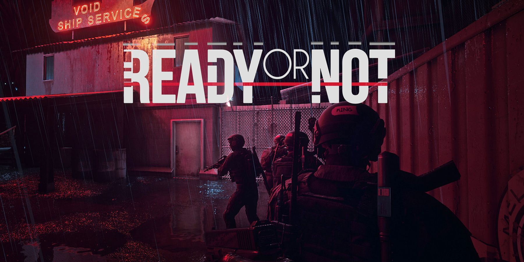 Captura de tela promocional do Ready or Not Void Ship Services de um ataque noturno com o logotipo do jogo