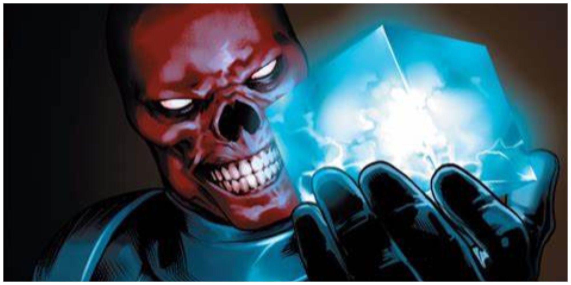 Red Skull holding a glowing blue cube in Marvel Comics
