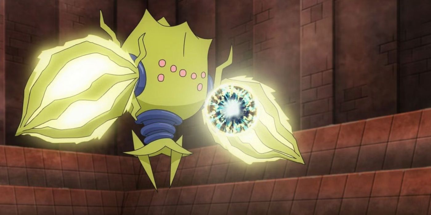 Pokemon Regieleki using Zap Cannon in the TV show in a temple