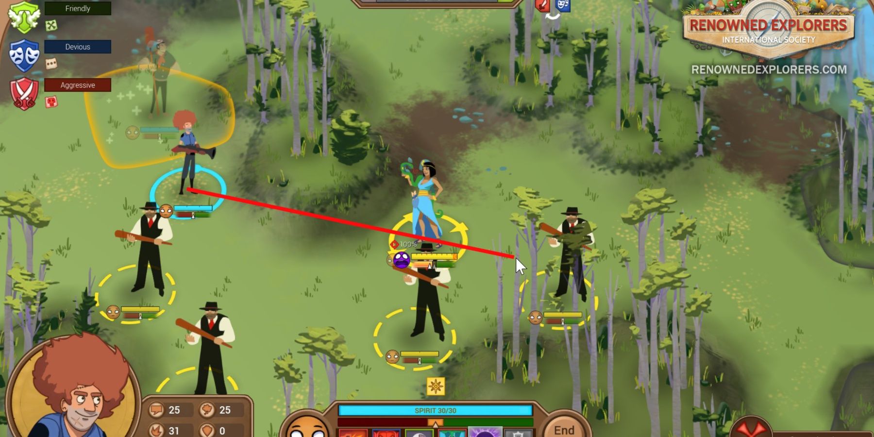 Animated characters on a map in Renowned Explorers: International Society