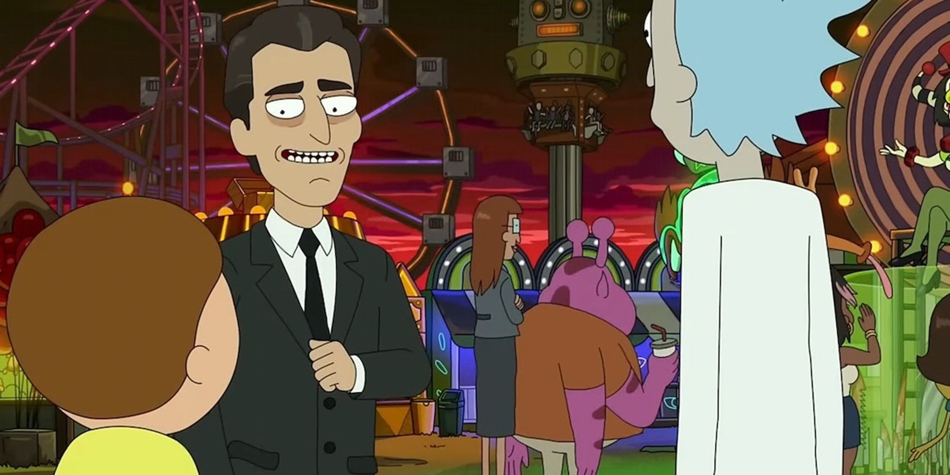Rick and Morty meet Rod Serling at an amusement park