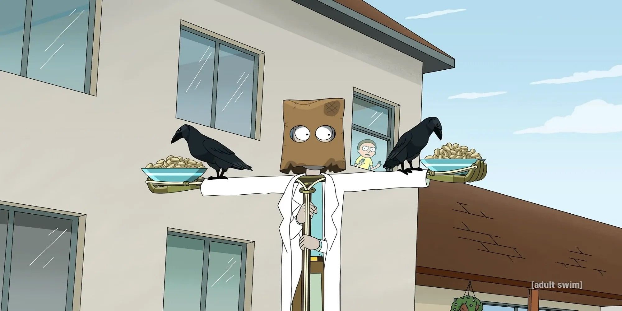 Rick alimentando dois corvos