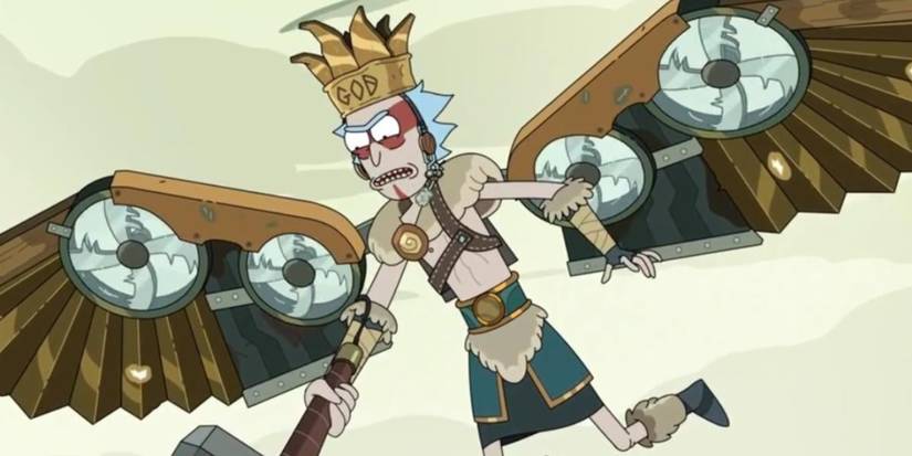 Rick with a makeshift flying machine in Rick and Morty