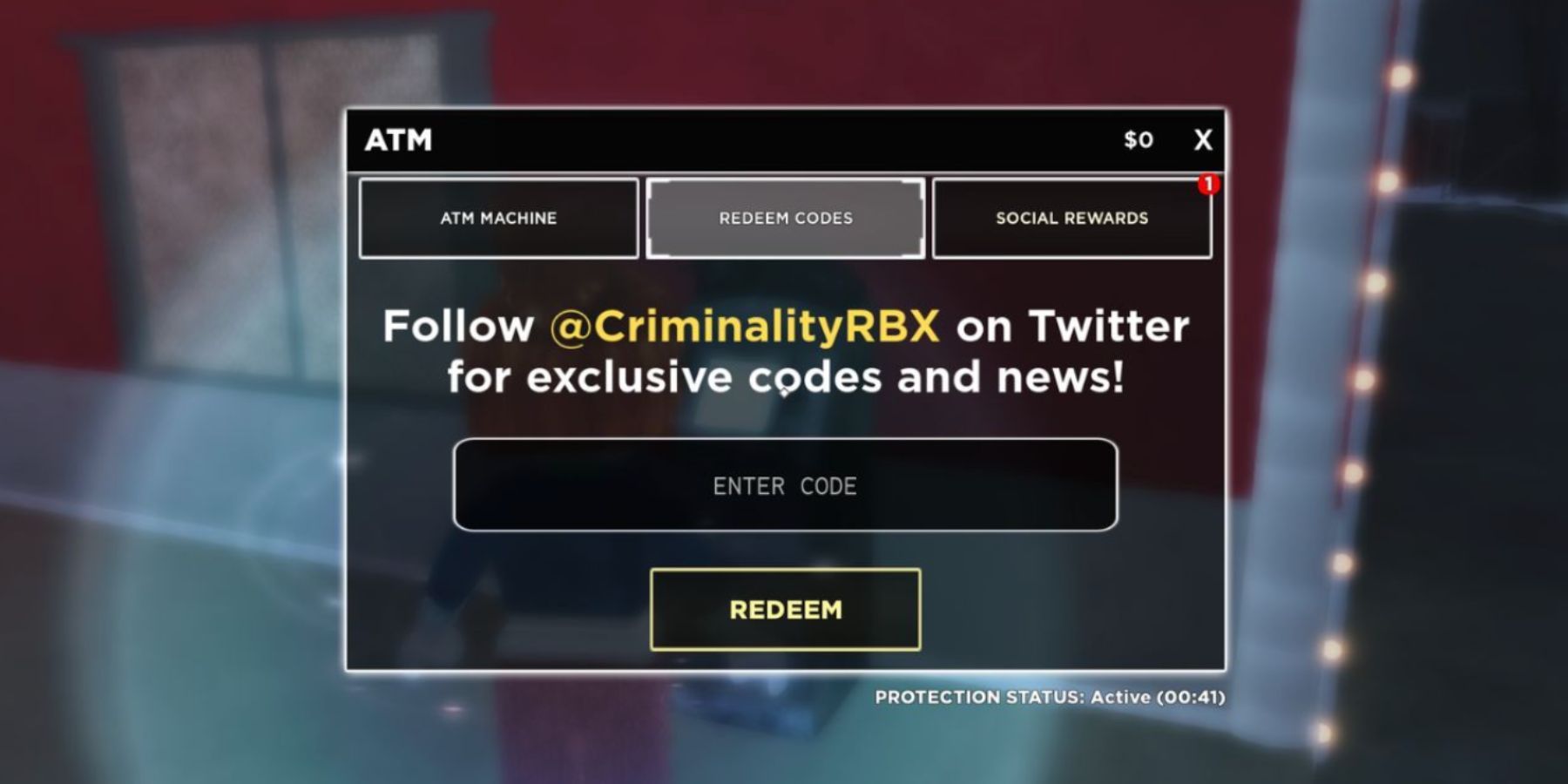 Roblox Criminality: the Redeem Codes tab