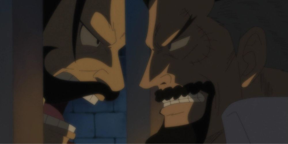 Gol D. Roger in jail talking to Monkey D. Garp in the One Piece anime.